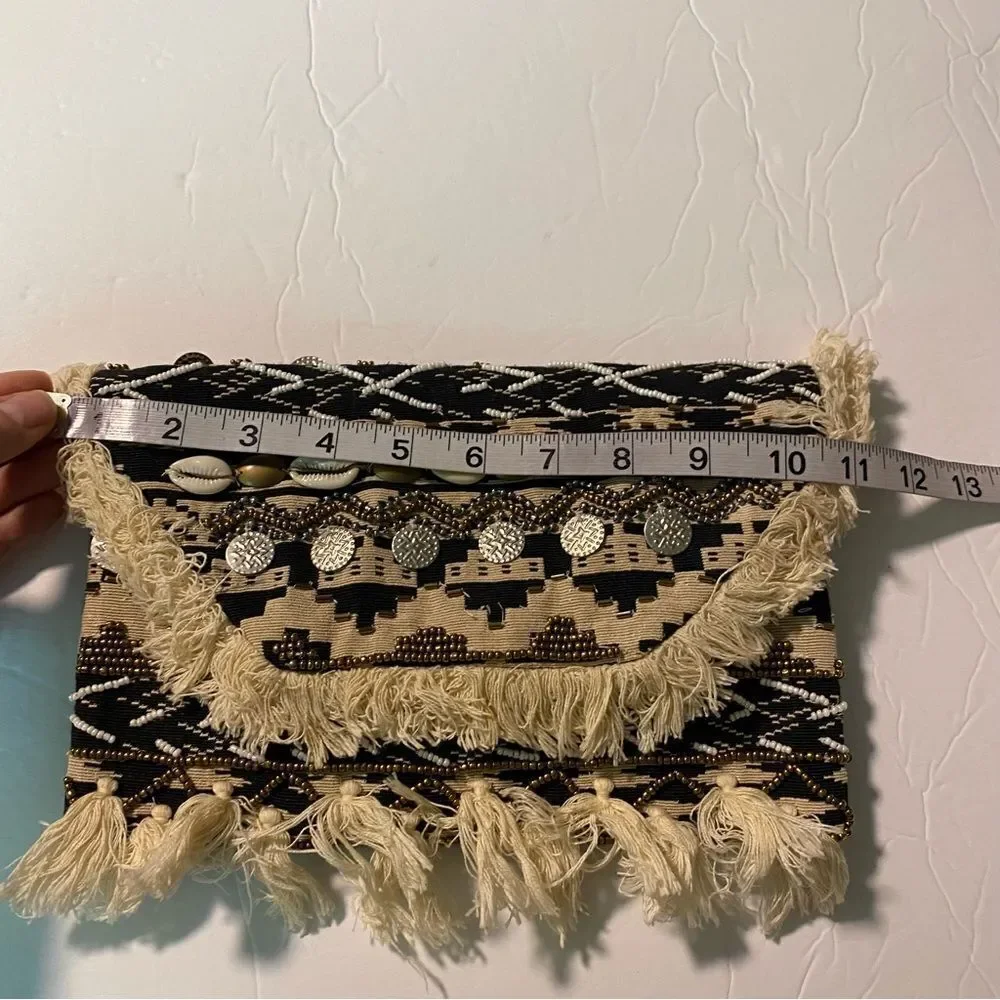 Express Boho Beaded Crossbody Envelope Bag Purse Fringe Seashells medallion